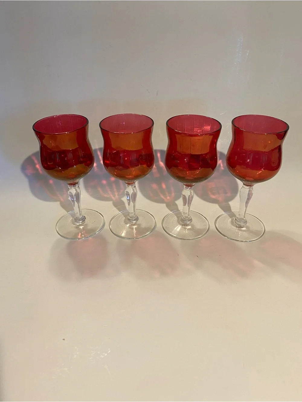 VTG Cranberry Glass Cordial Glasses Set of 4 Clear Knopped   Stem MCM Barware 5”
